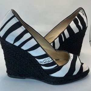 MICHAEL Michael Kors zebra open toe Cabana wedge retro black white espadrilles